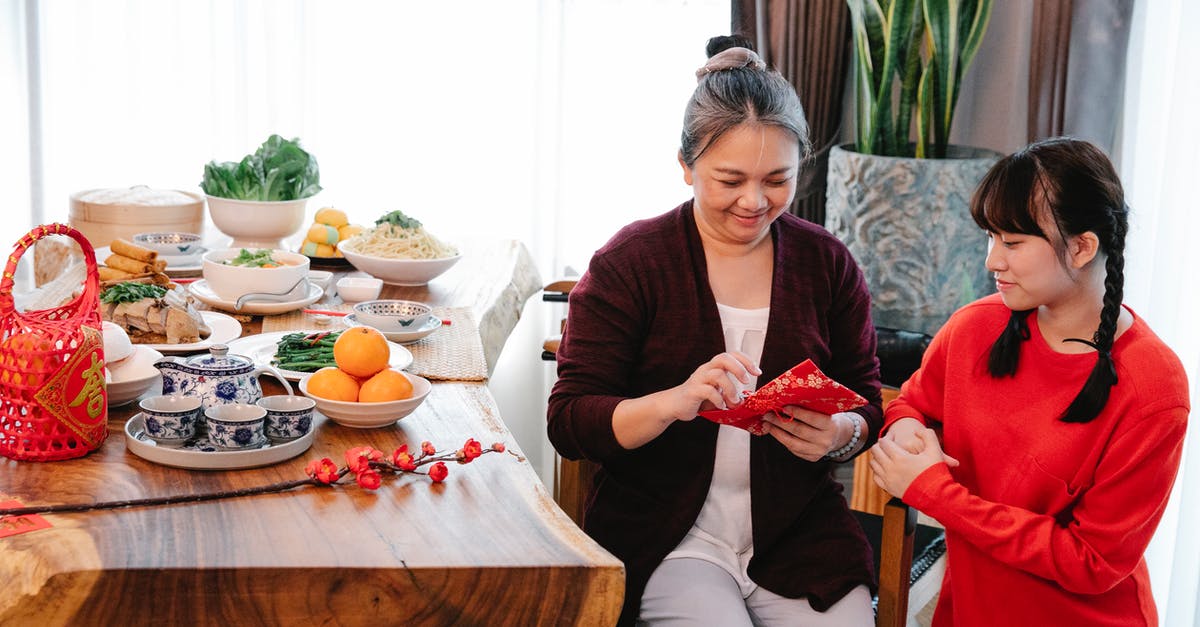 Infusing orange into tea while avoiding bitterness - Asian grandma with envelope against granddaughter during New Year holiday