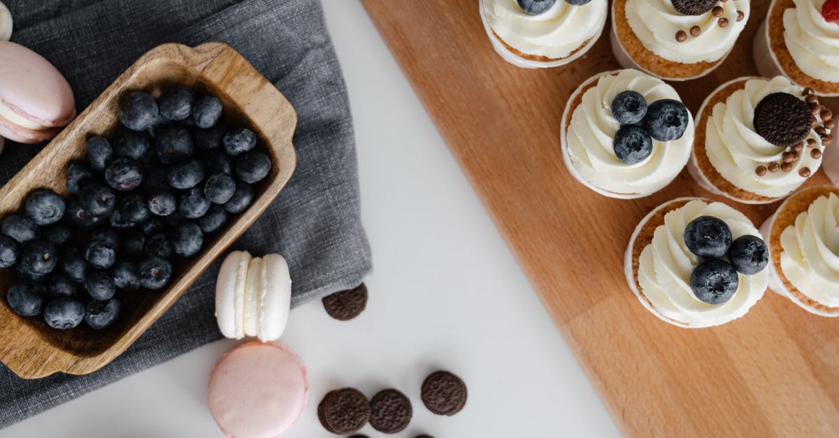 Ingredient Ratios for Homemade Milk Chocolate - Top view of homemade cupcakes served on wooden tray near chocolate sweets and macaroons with blueberries in wooden container