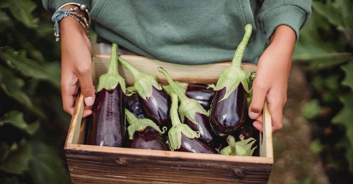 Internal temperature of cuts containing abundance of connective tissue - From above of crop anonymous farmer showing wooden container full of shiny eggplants on farmland