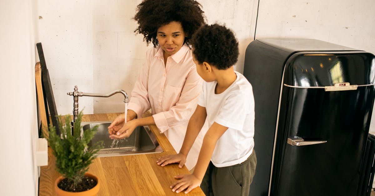 Is it better to wash eggs before refrigerating? - African American mother with son washing hands while standing at sink near green potted plant in kitchen with black refrigerator