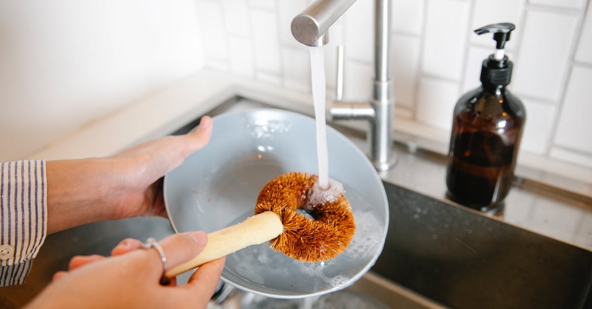 Is it okay to wash a plate at a later point? - Unrecognizable female with brush washing plate at sink with pouring water and detergent while standing in light kitchen at home