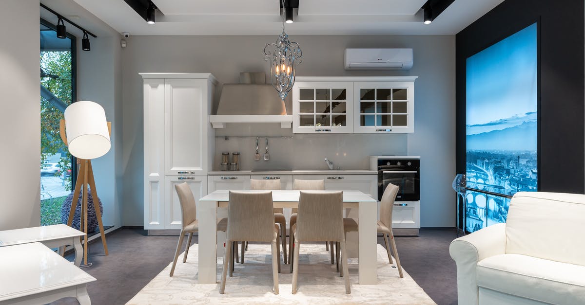 Is it possible to extract the allergens from shellfish? - Chairs at table placed on rug near white cupboards and modern appliances at stylish kitchen with window and glowing lamp