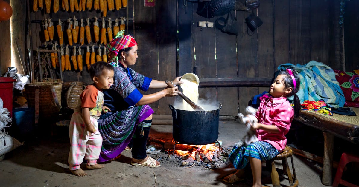 Is my rice pot still safe to use? - Ethnic mother pouring rice into pot on fire against daughter with cat and barefoot baby eating lollipop at home