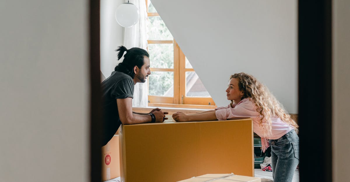 Is the grey stuff the thing we make fond out of - Side view from entrance of cheerful young ethnic bearded man with ponytail and woman with curly hair leaning on large cardboard package while arranging stuff in cozy attic bedroom