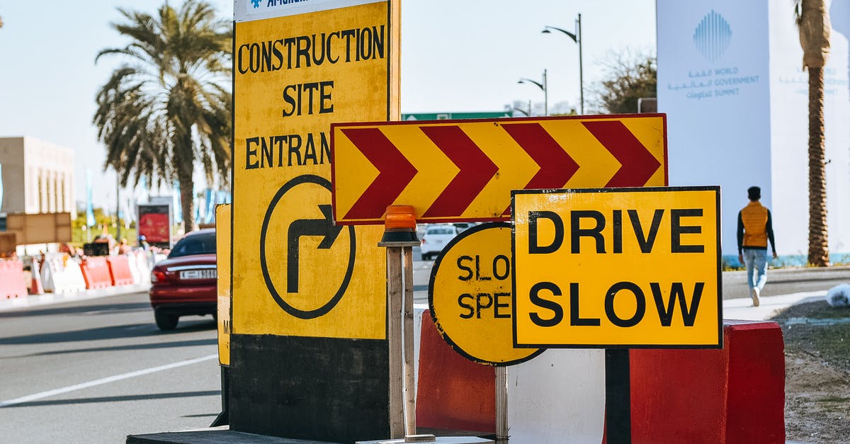 Is there a slow speed walnut grinder? - Contemporary city road on sunny day with various traffic signs warning about driving slow because of construction site entrance