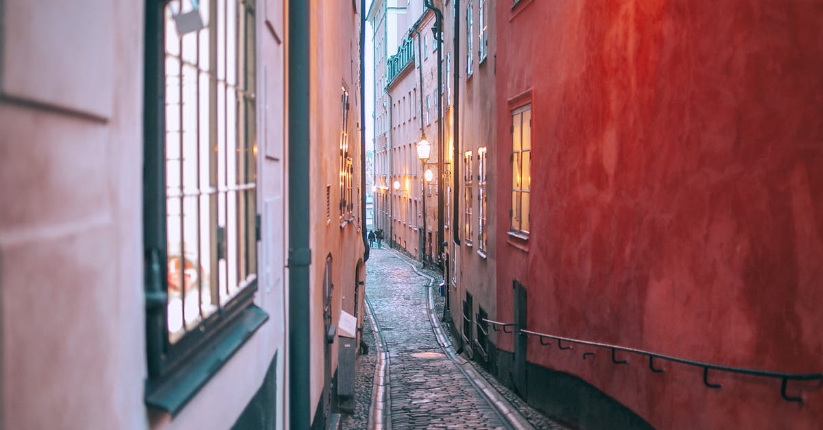 Is there a way to revive an old potato? - Narrow cobblestone pedestrian passage between old apartment buildings with burning electric lights in windows at twilight