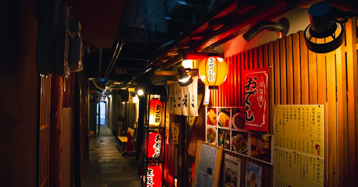 Japanese steak house menu item? - Narrow street with traditional Japanese izakaya bars decorated with hieroglyphs and traditional red lanterns in evening