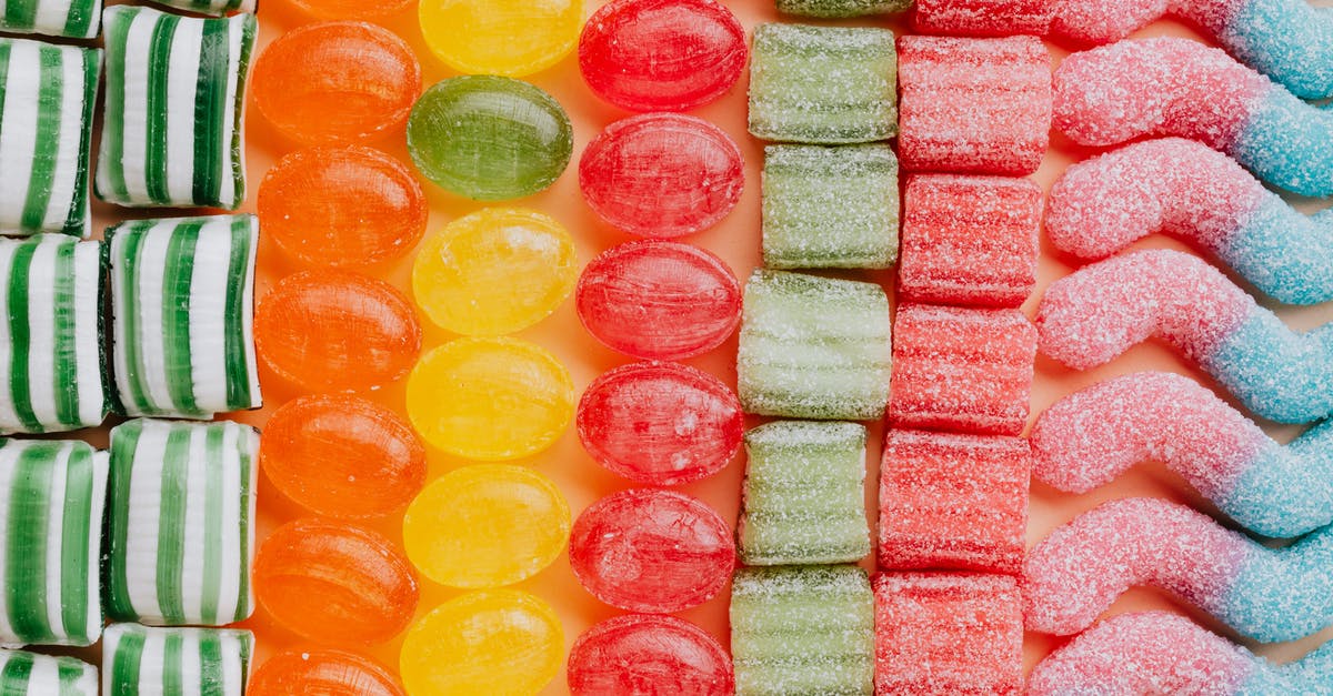 Jelly or flavored Gelatin - Set of delicious jelly and caramel sweets arranged in lines by type