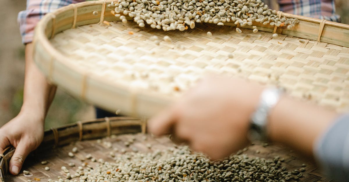 Leaving cake's dry ingredients together for later quicker preparation? - Crop unrecognizable horticulturists with sieves separating unroasted coffee bean halves from chaff in countryside in daylight