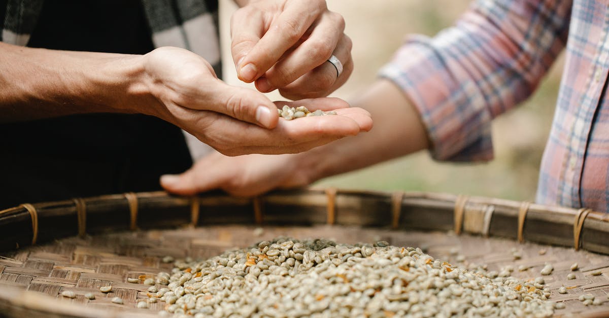 Leaving cake's dry ingredients together for later quicker preparation? - Crop unrecognizable horticulturists separating raw coffee beans from chaff over bamboo tray while working in countryside