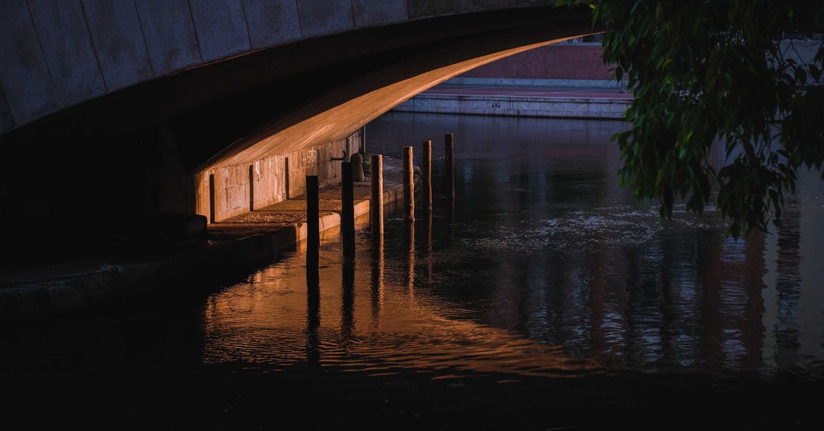 leaving steak out over night [duplicate] - Narrow space and enclosure under concrete bridge over calm rippling river in dusk