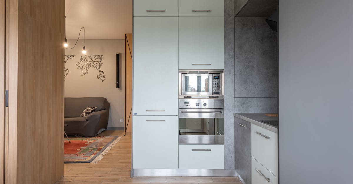 Lightly defrost chicken in microwave to separate them - Interior of apartment with kitchen cupboards near living room