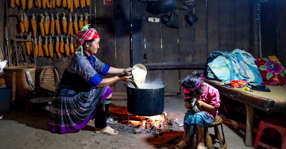 Looking for a rice cooker, steamer, deep fryer, slow cooker combo that can cook rice and steam at the same time - Content ethnic mom in traditional wear pouring rice into cauldron above fire against anonymous girl playing with cat at home