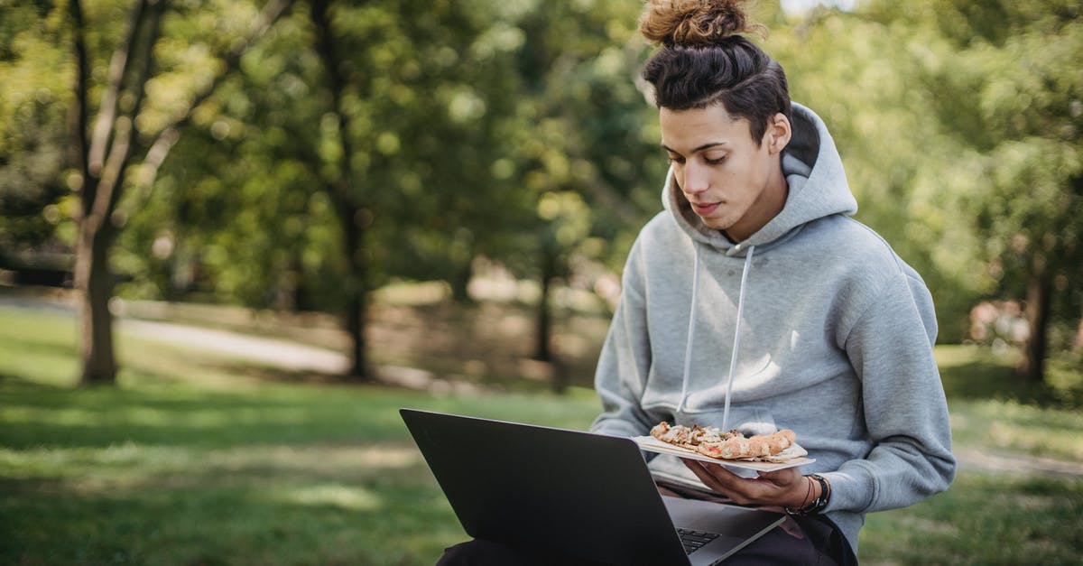 Making cookies on a pizza stone - Young concentrated man surfing netbook while preparing for exams and eating pizza in park