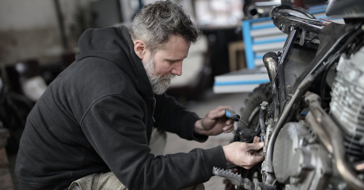 Manual Grinder/Food processor - Bearded man fixing motorcycle in workshop