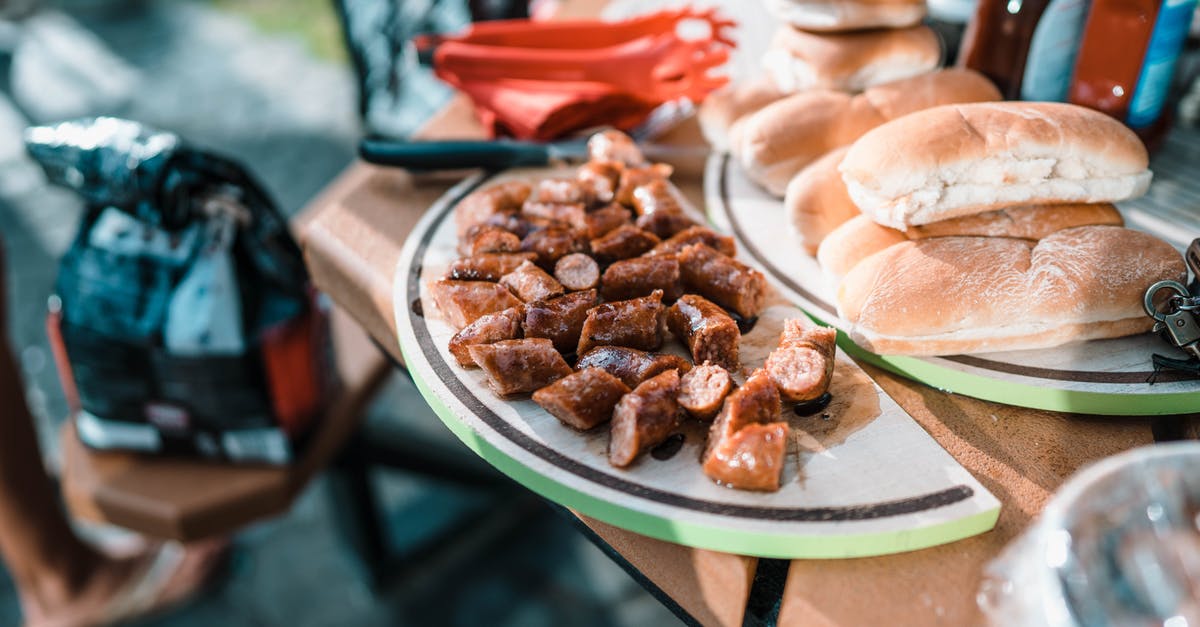 Meaning of the term 'tack' in bread making? - Appetizing fried meat on plate and package with coal on blurred background of products