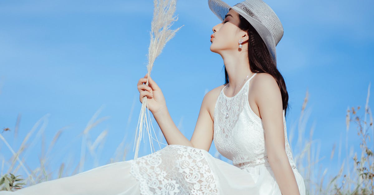 Meringue - Dry Crisp And Impossibly Delicate [closed] - Side view low angle of elegant Asian female with closed eyes in long white dress blowing on thin dry branches in meadow