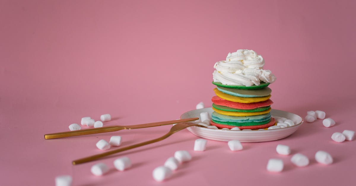 Metal cutlery food pairing - Multicolored pancake with cream served near marshmallow