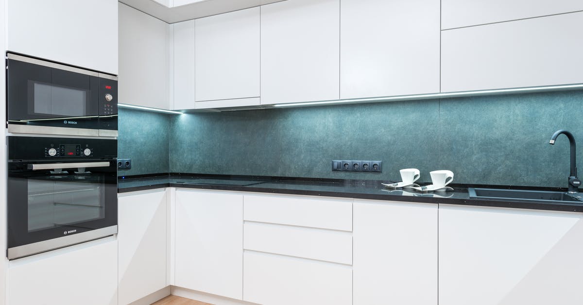 Microwave friendly utensils, what qualifies as - White minimalist kitchen with blue backsplash