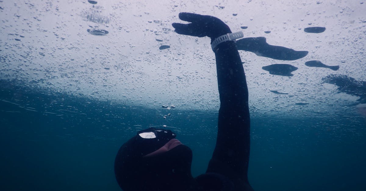 Microwaving frozen tofu before marinating - Anonymous diver in mask and wetsuit touching solid ice while swimming under seawater during freediving