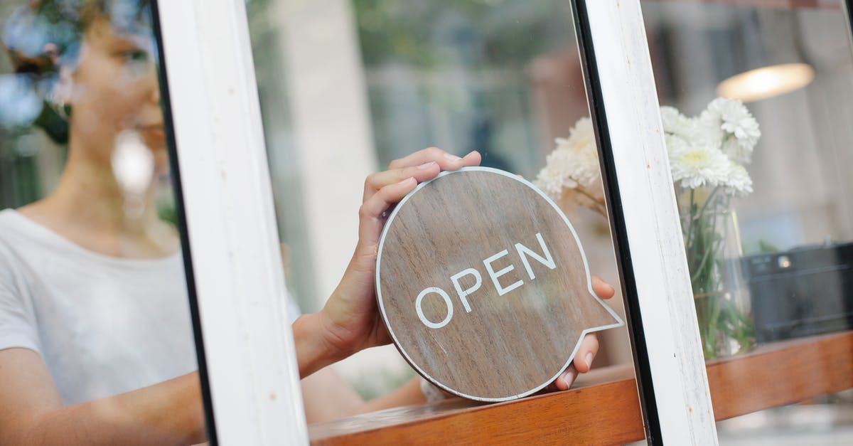 Mistakenly put KitchenAid spiralizer in the dishwasher - Young woman worker in casual clothes standing in light cafe and putting sign with word open on door