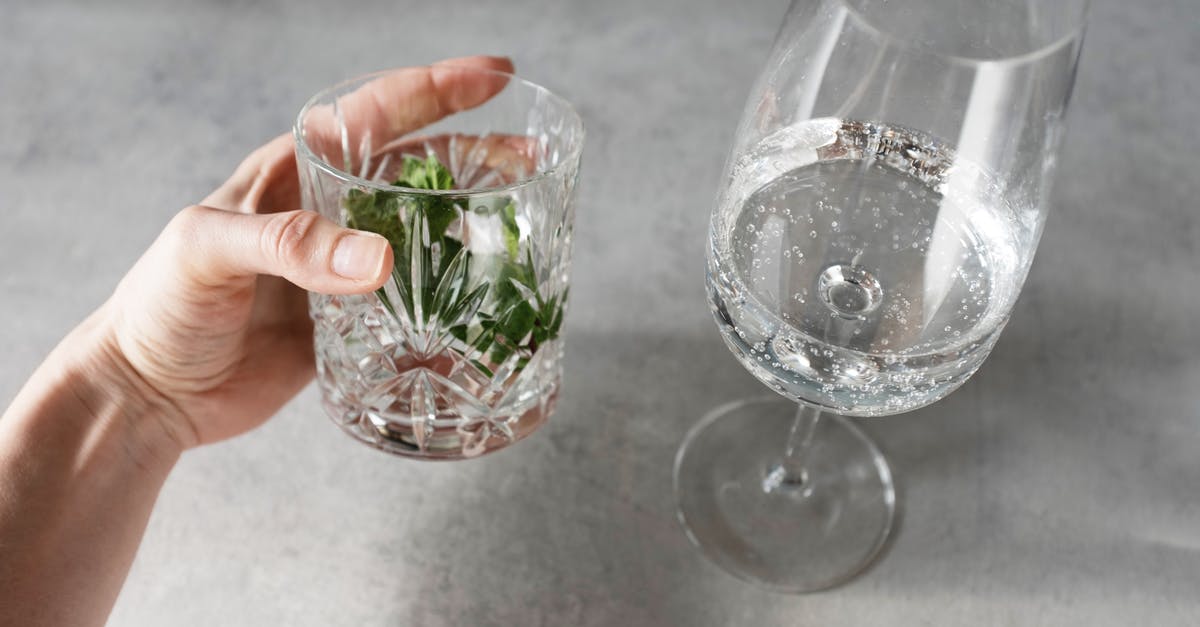 Mixed drink with tonic water already added? - Crop person holding glass with herbs and water near wineglass with tonic on gray table