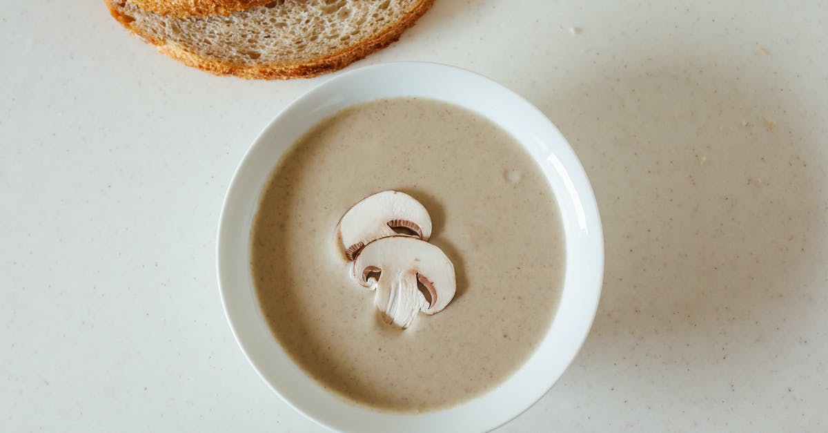 Mixing mushroom-potato-carrot soup and warming later (Should I?) - Overhead Shot of Mushroom Soup