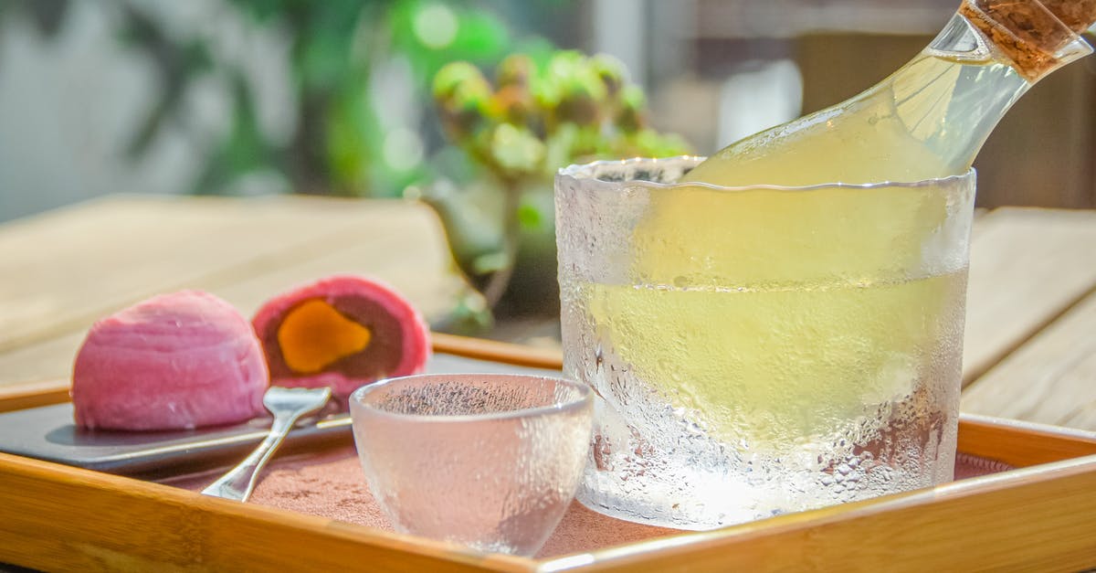 Mochi without a Mochi mixer - Clear Glass Bowl with Clear Bottle on Brown Wooden Tray