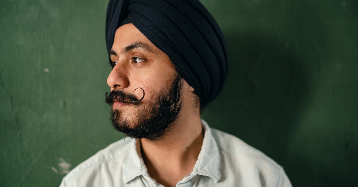 mysterious green middle eastern plums - Crop young Indian male with black beard and mustache with upwardly curved edges in dark turban and white casual shirt standing against green wall and looking away