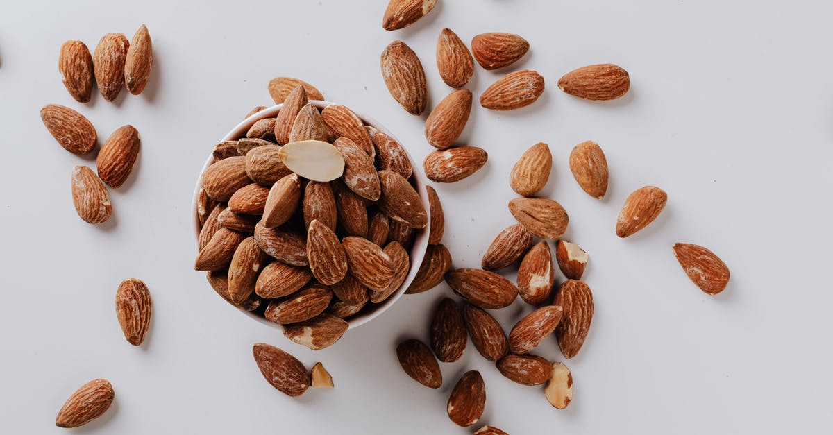 Nutrient composition of cheap cashews/nuts - Bowl filled with raw almond nuts on white background