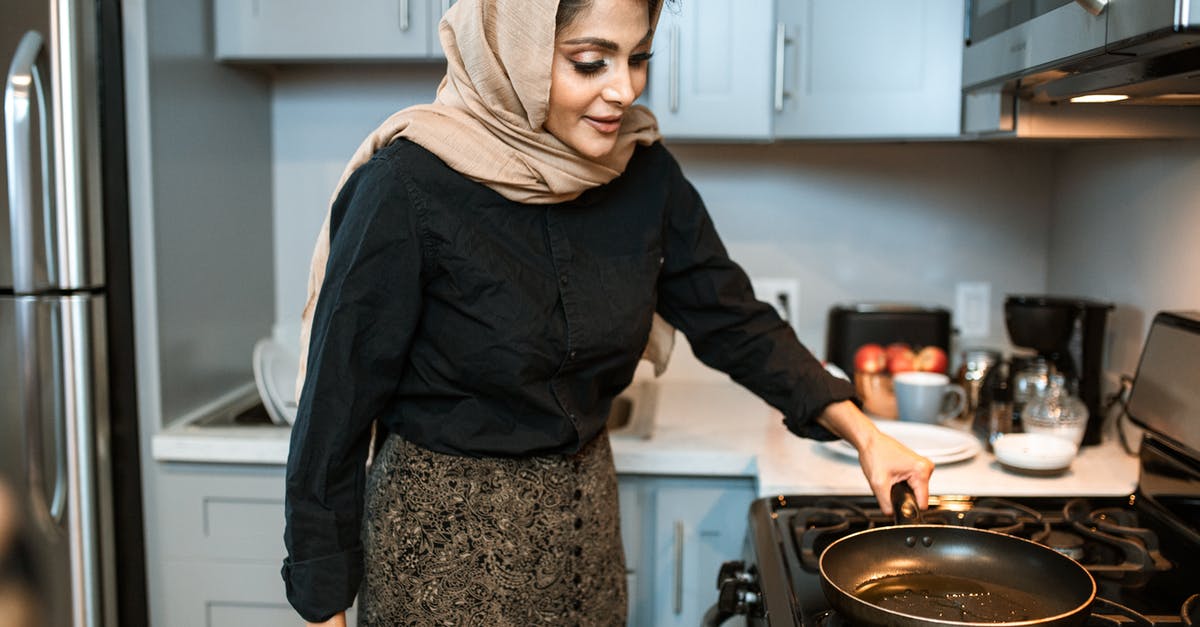 Oil-like stain when cooking with gas - Content Arabic woman standing with frying pan in kitchen