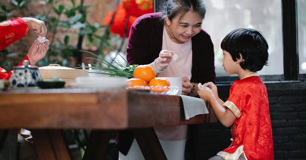 Old recipe conversions - Smiling mature ethnic woman helping little grandson to fold Chinese dumplings