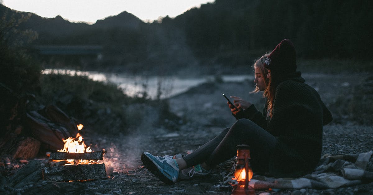 Oven caught fire while using self-clean - Side view of young girlfriends resting on shore of river near campfire while using smartphone in evening