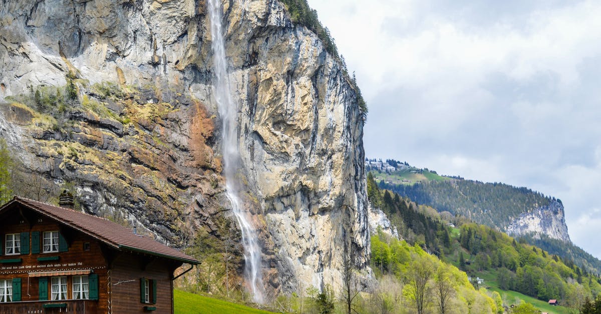 Pork chops: low and slow or high and fast? - Low angle of aged residential house facades near high ridge with rapid cascade under cloudy sky