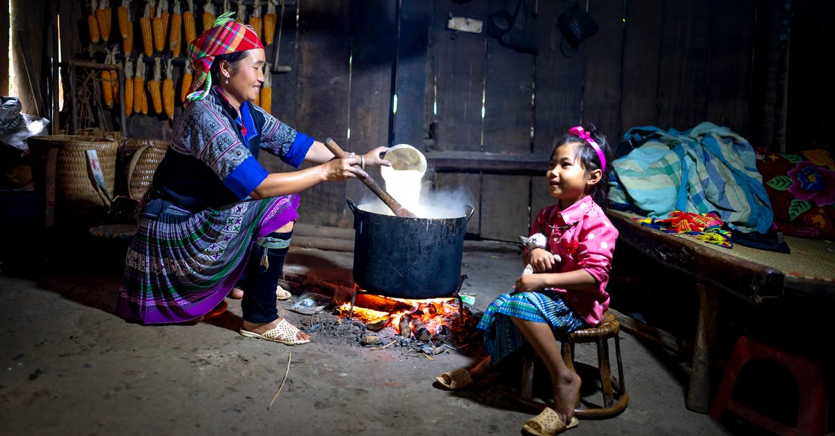 Pot for cooking long grained white rice on gas range - Cheerful ethnic mother cooking rice against girl embracing cat indoors