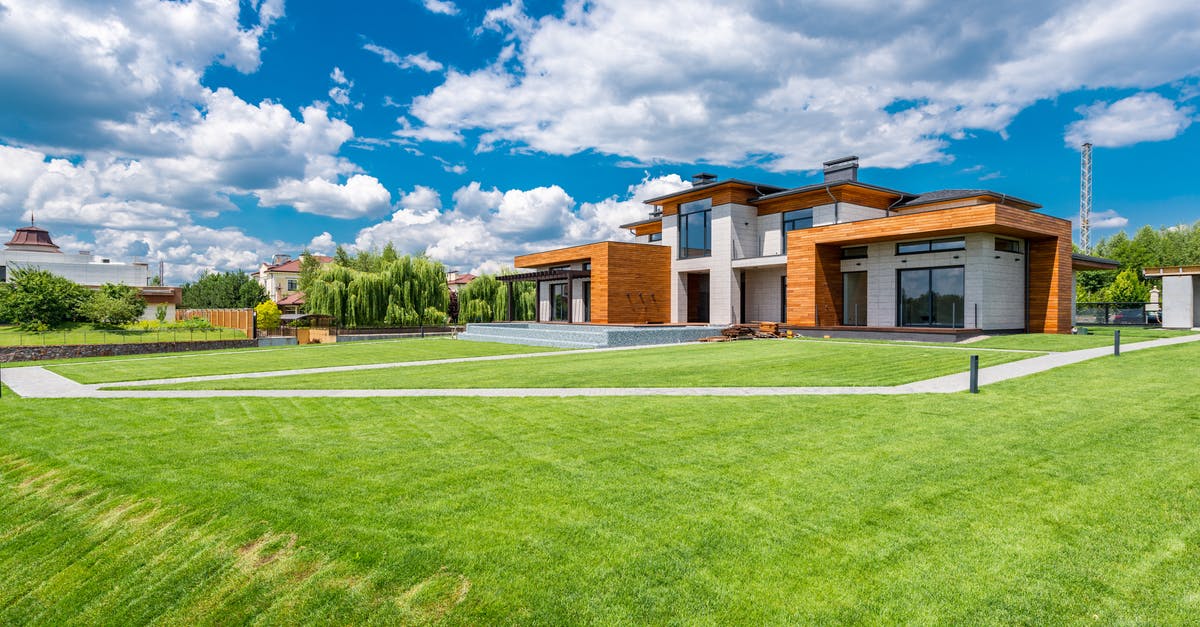 Quick flavour for fresh popcorn - Exterior of modern residential house with wooden walls and green grass growing in yard against blue sky with white clouds