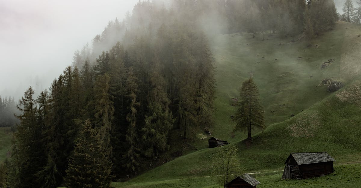 "Old wild west" secret sauce - Aged small wooden buildings in green valley against foggy hill with green woodland