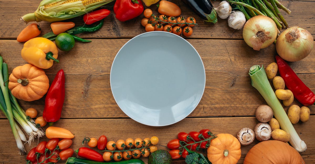 Reducing Canned Pumpkin (as per America's Test Kitchen) - Fresh healthy vegetables composed on table with white plate