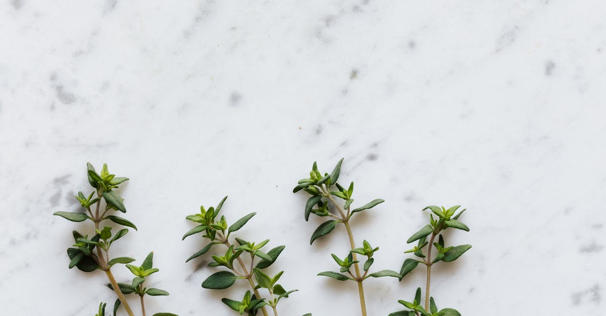 Reducing the saltiness of commercially prepared seasoning - Green thyme on white table in kitchen