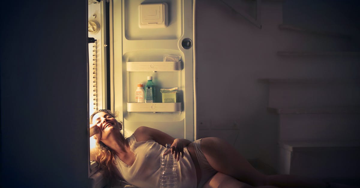 Refrigerator pickles in plastic? - Photo of Smiling Woman in White Vest and Panties Lying on Floor Next to Open Fridge with Her Eyes Closed