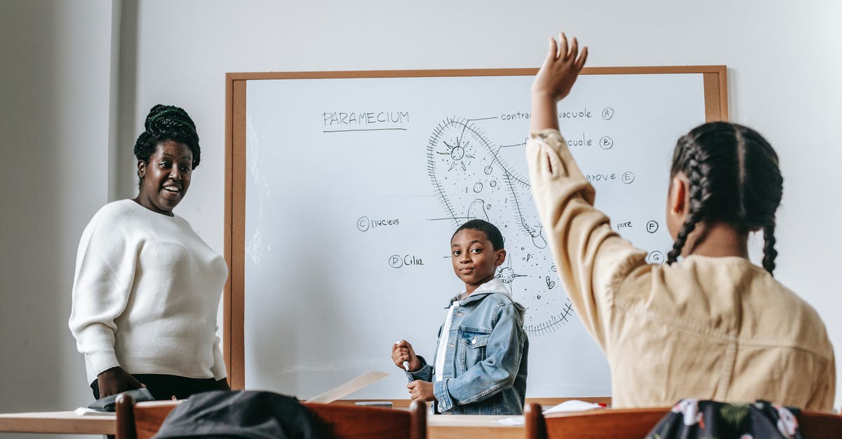 Resources that explain the science of cooking? - Ethnic girl raising hand while African American female teacher standing near whiteboard with teen boy and explaining task