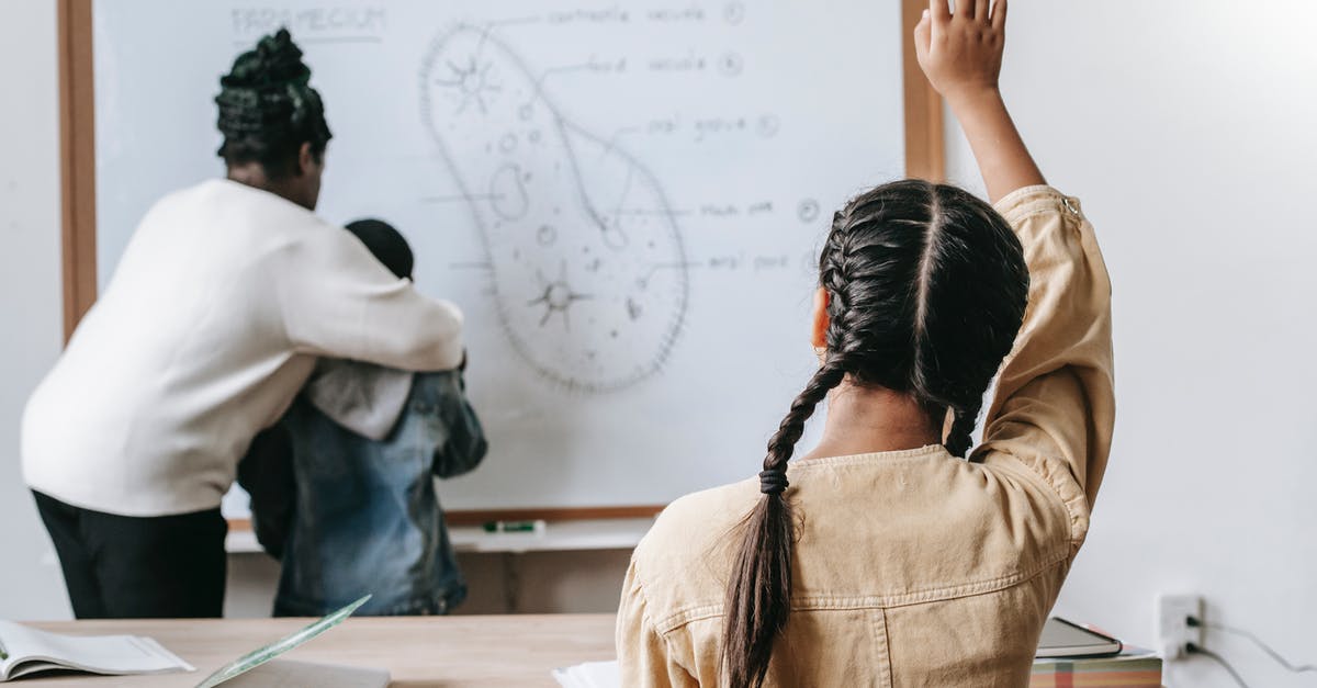 Resources that explain the science of cooking? - Back view of faceless girl with pigtails sitting at desk and raising hand while teacher  with boy standing near whiteboard and writing