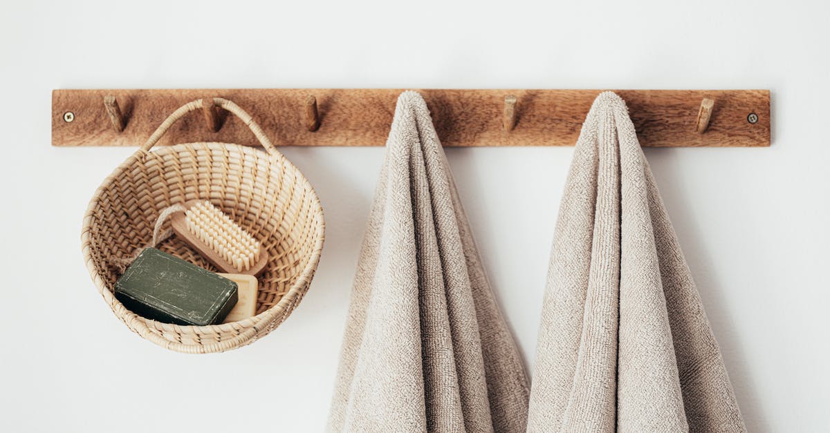 Reusing marinade [duplicate] - Wooden hanger with towels and basket with bathroom products