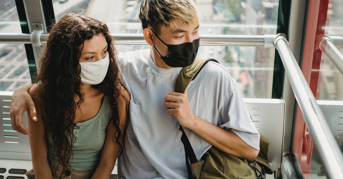 Royal icing safety concern - High angle of multiethnic couple wearing protective masks riding on ropeway while exploring city together