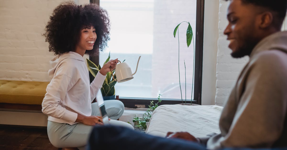 Safe to use pot that has a scratch inside? - Smiling African American woman in casual clothes squatting down and watering plants while spending time with boyfriend browsing laptop at home in daytime