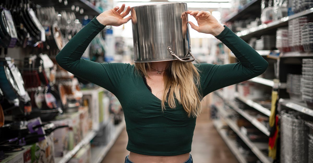 Safety of Calphalon pots and pans - Woman with Casserole on Head Standing on the Aisle