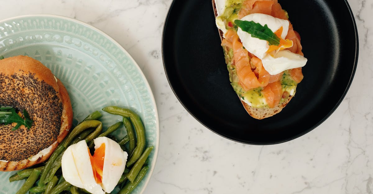 Salmon turned green - is it safe to eat? - Tasty lunch with bagel and toast with poached eggs served on plates