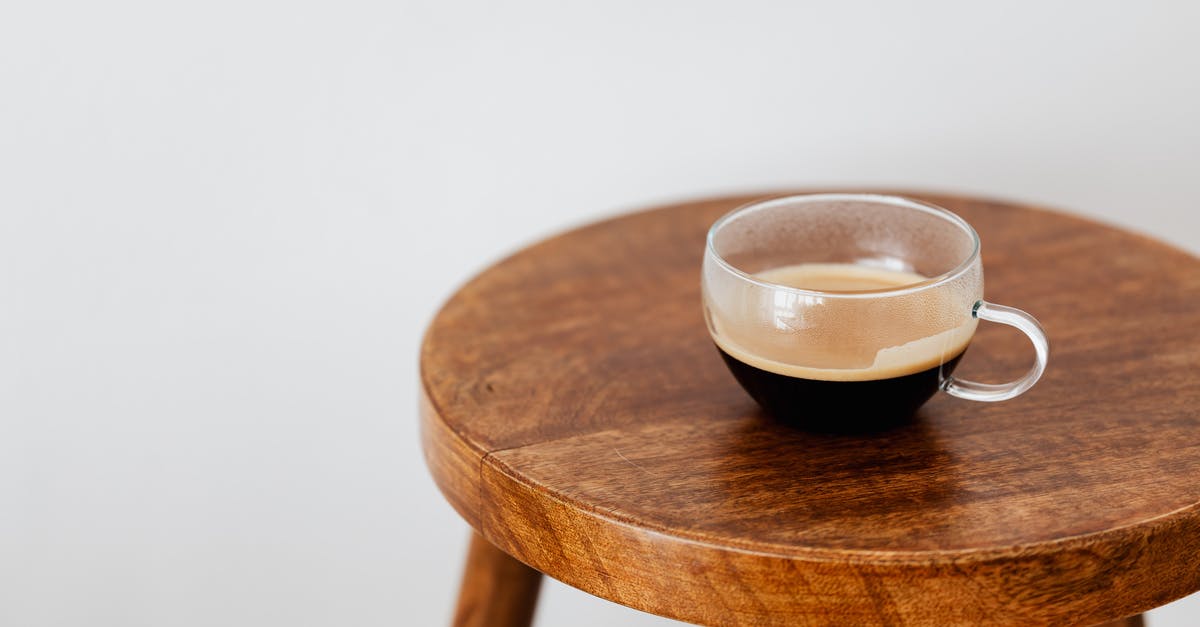 Small emulsified breakfast sausages in Dutch countries - Wide cup of fresh black coffee placed on small brown wooden table near white wall