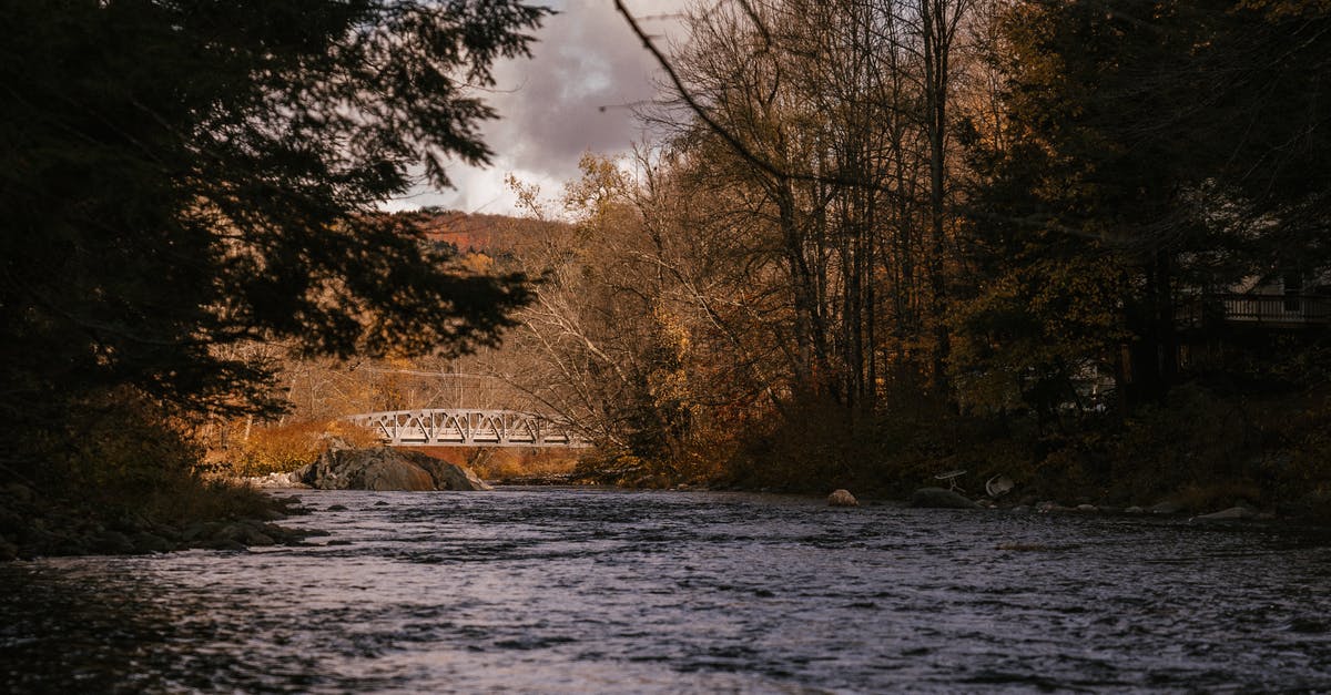 Some batter falls off during deep fry - Picturesque view of bridge over river flowing among fading autumn trees in forest