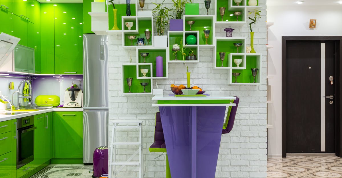 Soy milk; fridge vs. shelf? - Creative shelves decorated with various vases and plants hanging on white brick wall above counter in contemporary kitchen with bright green and purple furniture